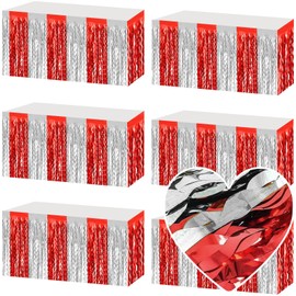 6 Pack 29x108 Inch Red Silver Wave Foil Fringe Table Skirts Metallic Banner for Tinsel Streamer Garland Backdrop for Parade Floats Wedding, Mother's Day, Birthday Mardi Gras Party Decorations