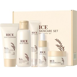Conjunto de cuidado de la piel de arroz de 5PCS para mujeres,Kit facial para mujeres con limpiador, tóner, suero, crema para ojos y crema para el rostro,Calmante y bloqueador de humedad