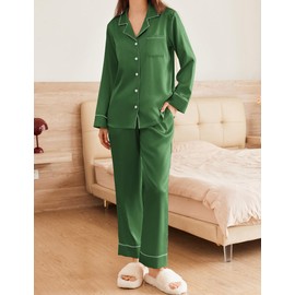 Ekouaer Satin Pajama Set for Women Silky Sleepwear Long Sleeve Top and Pants Button Down Pjs Lounge Set Bright Green