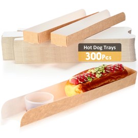 Layhit 300 Pcs Hot Dog Trays Disposable 11.8 x 2 x 1.2 Inch Open Hot Dog Containers Brown Kraft Paper Hot Dog Serving Trays Hot Dog Holder for Nachos, Tacos, Fries, BBQ, Festivals, Party, Greaseproof