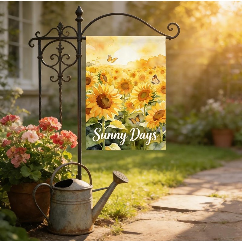 Sunny Days Sunshine Garden Flag, Sunflower Butterfly Summer Theme, Burlap