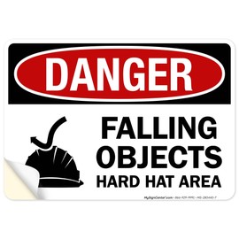 Danger Falling Objects Hard Hat Area With Symbol Sign, 10x7 Inches, 4 Mil Vinyl Decal Stickers Weather Resistant, Made in USA by My Sign Center