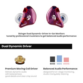 BASN Bsinger In Ear Monitors Wired Earphones with Noise Isolation, Dual Dynamic Drivers High Definition IEMs with MMCX Detachable Cable for Musicians Drummers Singers (Blue&Purple)