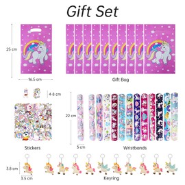 Unicorn Children's Birthday Party Bag Set, 82 Pieces Children's Birthday Gift Favours with Gift Bags Snap Bracelet Key Ring Stickers, Party Small Gifts Give Aways Girls