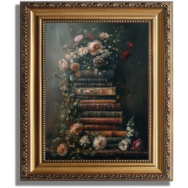 Framed Vintage Floral Wall Art - Moody Flowers Books Art Oil Painting, Vintage Wildflowers Dark Academia Floral Gallery Wall Decor Picture, Rustic Country Canvas Decor for Living Room Office 12''x16''