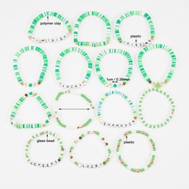 Twinfree 14pcs St. Patrick's Day Bracelet Set Shamrock Surfer Heishi Beaded Stretch Layering Friendship Irish Stackable Adjustable for Women Festival Party Jewelry