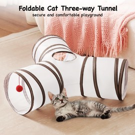 Tempcore Pet Cat Tunnel Tube Cat Toys 3 Way Collapsible, Cat Tunnels for Indoor Cats，Kitty Tunnel Bored Cat Pet Toys Peek Hole Toy Ball, Puppy, Kitty, Kitten, Rabbit White&Brown