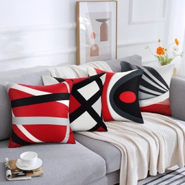 Cushion Cover 40 x 40 cm Sofa Cushion Modern Black Red Geometric Pattern Abstract Decorative Cushion Covers Super Soft Velvet Square Cushion Cover Set of 4 for Sofa Bedroom Chair Cushion Office