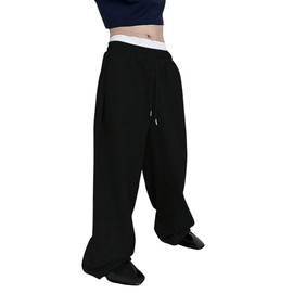 SHENHE Men's Baggy Pants Wide Leg Drawstring Waist Loose Sweatpants with Pockets Black Large