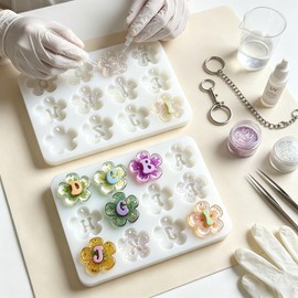 Alphabet Resin Molds Silicone with Hole - 27 Cavities Daisy Flower Letter Epoxy Resin Molds Starter Kit for Beginner, UV Resin Mold for Keychain Pendant Jewelry Making