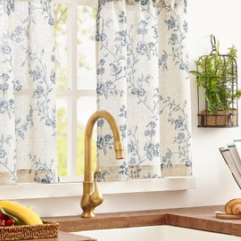 jinchan Floral Kitchen Curtains 30 Inch Linen Tier Curtains Farmhouse Cafe Half Window Drapes Over Sink Light Filtering Blue on Beige for Living Room Laundry RV Rod Pocket 2 Panels