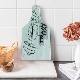 Ambesonne Fitness Cutting Board, Hand Holding a Dumbbell Grunge Sketch Get Strong Train Hard Illustration, Decorative Tempered Glass Cutting and Serving Board, Wine Bottle Shape, Black Silver White