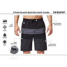 TEX2FIT 2-Pack Men’s Swim Shorts with Zippered Side Pocket, Quick-Dry Stretchy Swim Trunks with Mesh Lining Blue/Black