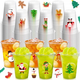 Qinyoung 120 Pieces Christmas Plastic Cups Bulk 12 oz Xmas Party Disposable Cups Set Clear Plastic Cups Packs Santa Elf Snowman Tree Gingerman Design for Christmas Holiday Dinner Party Favors