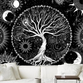 AACKart Tree of Life Tapestry for Bedroom Aesthetic Room Decor-Black and White Spiritual Tree Tapestry Wall Hanging with Sun Moon Star 78.7×59.1 inches