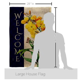 Breeze Decor Spring Yellow Burlap House Flag Dowel Set Floral Sunflower Tulip Rose Orchid Lilies Season Springtime Flower Wreath Banner Small Garden Yard Gift Double-Sided, Made in USA