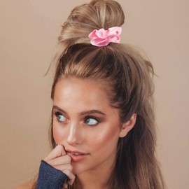 KICOSY 2PCS Pink Satin Scrunchies for Women & Girls Elastic Pink Hair Ties - Ideal for School, Work, Party & Dates