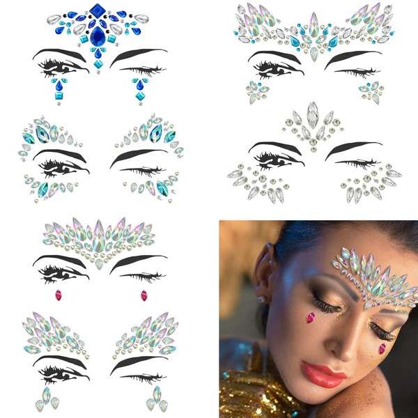 Halloween Face jewels festival Women Mermaid Face Gems Glitter 6 Sets Rhinestone Rave Festival Face Jewels,Crystals Face Stickers Eyes Face Body Temporary Tattoos