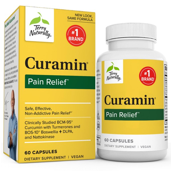 Terry Naturally Curamin - 60 Capsules - Non-Addictive Pain Relief Supplement with Curcumin from Turmeric, Boswellia, DLPA & Nattokinase - Non-GMO, Vegan, Gluten Free - 20 Servings