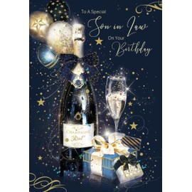 Cherry Orchard Son in Law Happy Birthday Card with Champagne Design and Gold Foil Detailing and Gold Envelope from (EL343)