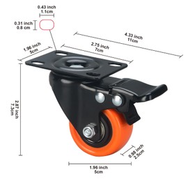 ASHGOOB 2" Caster Wheels Set of 16, Heavy Duty Casters with Brake, No Noise Locking Casters with Orange Polyurethane (PU) Wheels, Swivel Plate Castors Pack of 16