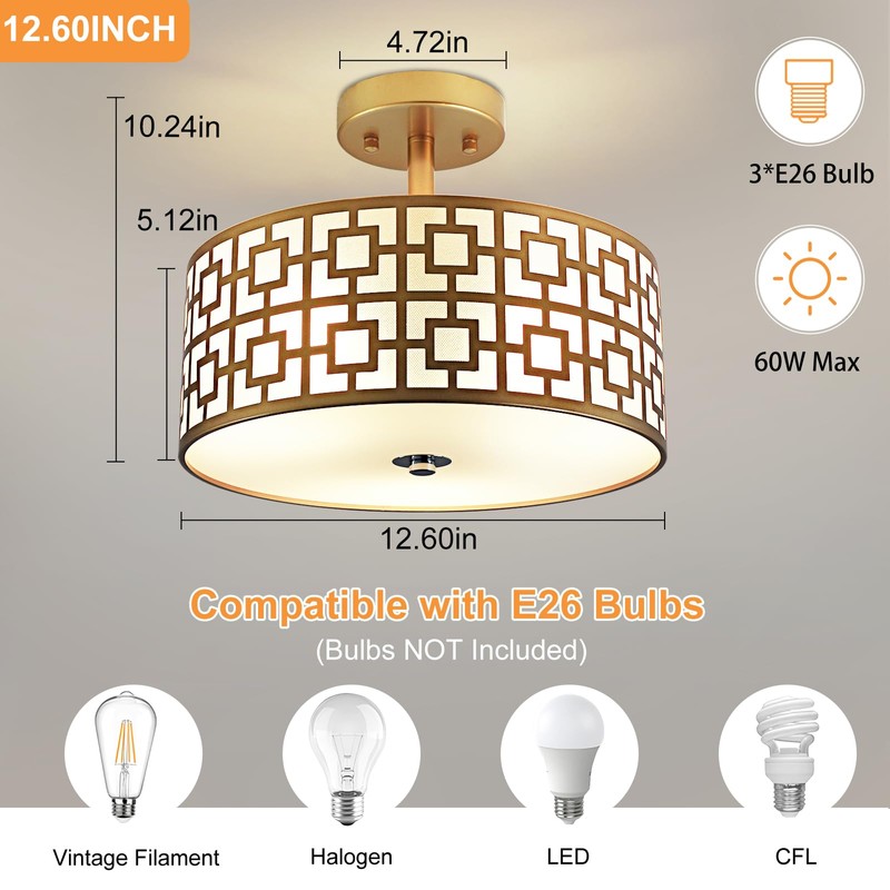 DLLT Flush Mount Ceiling Light: Modern 3-Light Semi Flush Mount