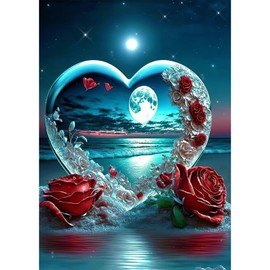 DAERLE Romantic Beach Love Diamond Art Painting Kits for Adults, DIY 5D Diamond Painting Red Roses Full Kits, Diamond Art Kits Gem Arts and Crafts Home Wall Decor 30X40cm