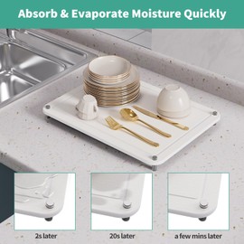 Johamoo Dish Drying Stone, Water Absorbing Stone Dish Drying Mats for Kitchen Counter, Non-slip Stone Drying Sink Tray Pad for Dish Bottles Cups, Diatomaceous Earth Sink Caddy Organizer, White