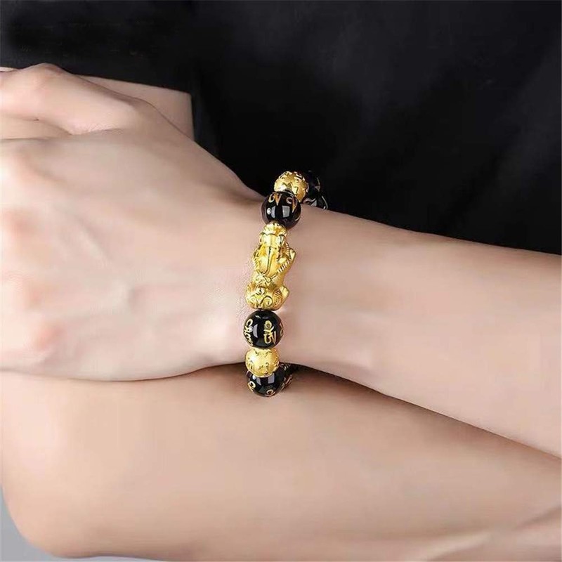 Edinber Black Obsidian Wealth Bracelet,Chinese feng Shui Bead Bracelet,Golden Pi