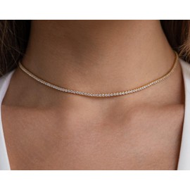 Feskive Tennis Necklace 14K Gold/Silver Plated，3-5mm Width Sparking Rhinestone Chain Necklace Delicate Tennis Choker Necklace for Women Dainty Classic Cubic Zirconia Bridal Wedding Jewelry for Women Girls