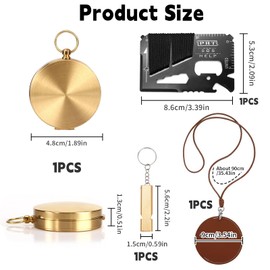 QMLING 4PCS Brass Compass Outdoor Set, Luminous Navigation Compass, Multitool Card with Leather Case and Whistle, Camping Tools Survival Gear for Hiking Outdoor Activities