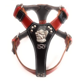 Two Tone Black and Red Leather Dog Harness with Staffordshire Bullterrier Head Motif & Knot