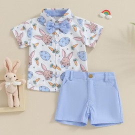 XIXIMAON Baby Boy Easter Outfits Summer Gentleman Outfits Rabbit Carrot Easter Egg Print Button Front Bowtie Shirt Shorts Set 2pcs Toddler Clothes (Blue, 2-3T)