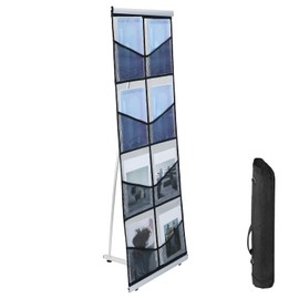 QWORK Portable Mesh Brochure Holder with 8 Pockets, Collapsible Design Standing Brochure Holder, 20" x 14" x 54" Metal Stability Stand