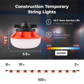 Omlite LED Construction String Lights:100w ETL Certified Industrial LED String Work Lights,IP65 Waterproof 18AWG Wire 5000K Super Bright for Attic Jobsite Garage Mine cave,with Hanging Hooks