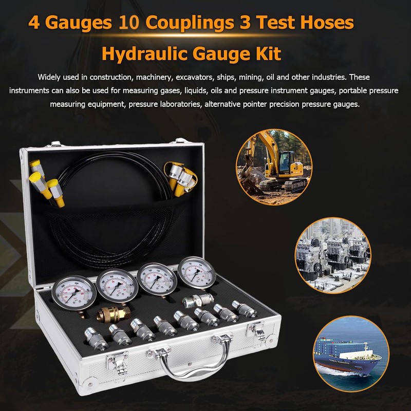 Hydraulic Pressure Test Kit with 4 Gauges 1300/3500/5500/9000psi, 10 Test