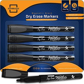 SCRIBBLEDO Magnetic Dry Erase Markers - Pack of 4 Low Odor Black Dry Erase Markers with Eraser Cap - Fine Tip Dry Erase Board Markers for Adults, Students, Teachers, School & Office