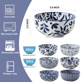 JINGUS Cereal Bowls, 28 Ounce Ceramic Soup Bowls Set of 6, Large Bowl Set for Rice Salad Fruit Dessert Oatmeal Snack Ice Cream,Microwave & Dishwasher Safe, Bohemian Blue & White