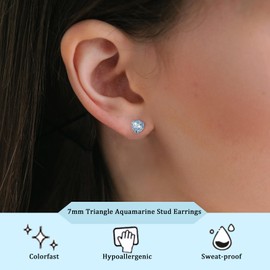 925 Sterling Silver Aquamarine Crystal Stud Earrings,March Birthstone, Triangle Geometric Blue Earrings Design