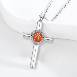 KiiKii Basketball Necklace 925 Sterling Sliver Sports Basketball Cross Pendant Faith Inspirational Jewelry Gifts for Men Women