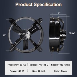 Hiorucet 20 Inch Wall Mounted Attic Gable Vent Fan with Adjustable Temperature Thermostat Control, 60HZ, 115V, 1080R/min, 148W, Gable Mount Vent Attic Fan with Pure Copper Motor, High Speed Low Noise