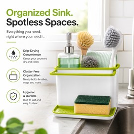 Kitchen Sink Caddy Organizer for Storage – Plastic Dish Soap & Sponge Holder with Drain Tray