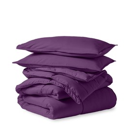 3-Piece Soft All-Season 1-Ply Goose Down Alternative Comforter Oversized Queen Size | Fluffy Double-Brushed Microfiber Box Stitched Solid Pattern Premium Bedding | Plum Color Wrinkle Stain Resistant