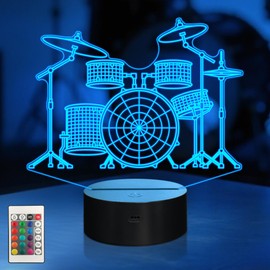 CoolGift Mart Drum Kit Night Light, 3D LED Optical Illusion Lamp with Remote Control and Timer, Gifts for Drummers, Music Lovers