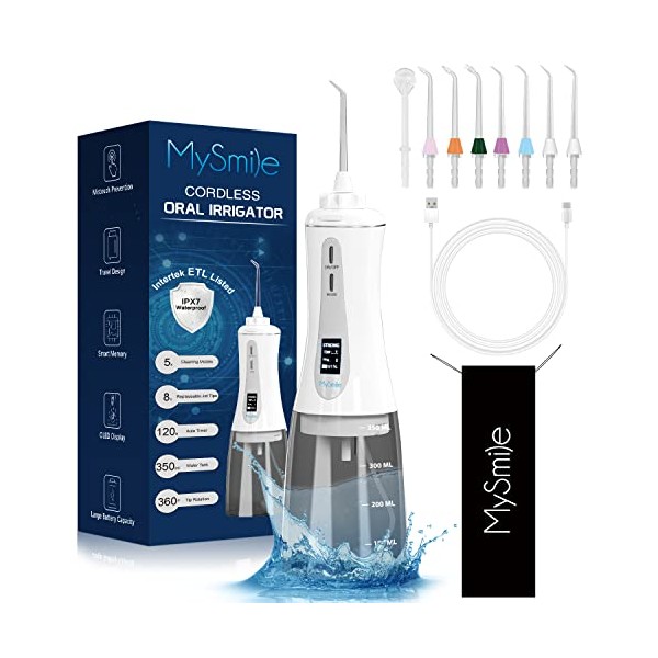 MySmile Powerful Cordless 5 Modes Water Dental Flosser Portable OLED Display Oral Irrigator with 8 Replaceable Jet Tips and 350 ML Detachable Water Tank for Home Travel Use (White)