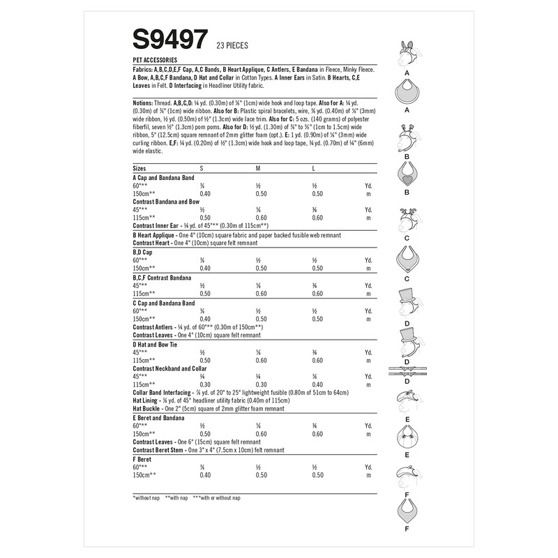 Simplicity Pet Accessories Sewing Pattern Kit, Code S9497, Sizes S-M-L,