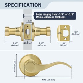 LOQRON Passage Wave Style Gold Door Handles (No Lock and Key), Non-Locking Reversible Gold Door Lever for Bathroom and Interior Closet, Satin Brass,3 Pack