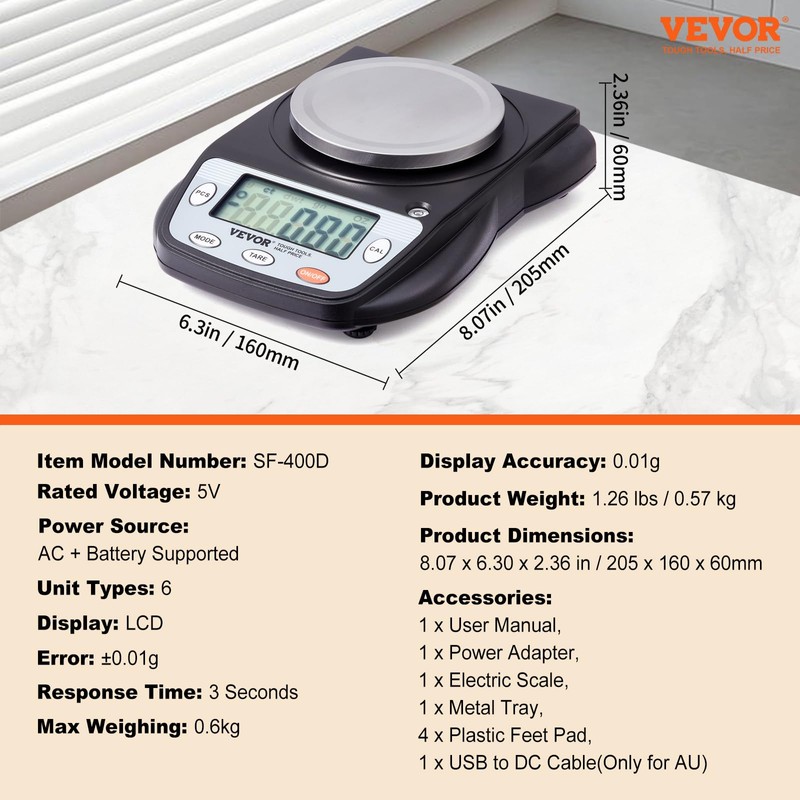 VEVOR Lab Scale, 600g x 0.01g Accuracy High Precision Analytical