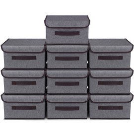 10 Pcs Fabric Storage Bins with Lids Foldable Storage Boxes Decorative Storage Container Fabric Storage Baskets for Organizing Clothes Closet Home Office Bedroom Toy, (Gray, 10.2 x 7.5 x 6.3 In)