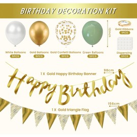 Goldenland Happy Birthday Garland Gold Green, Balloons Birthday Decoration, Gold Green Birthday Decoration, Happy Birthday Decoration Banner Party Decoration Birthday Set with Gold Confetti Balloons